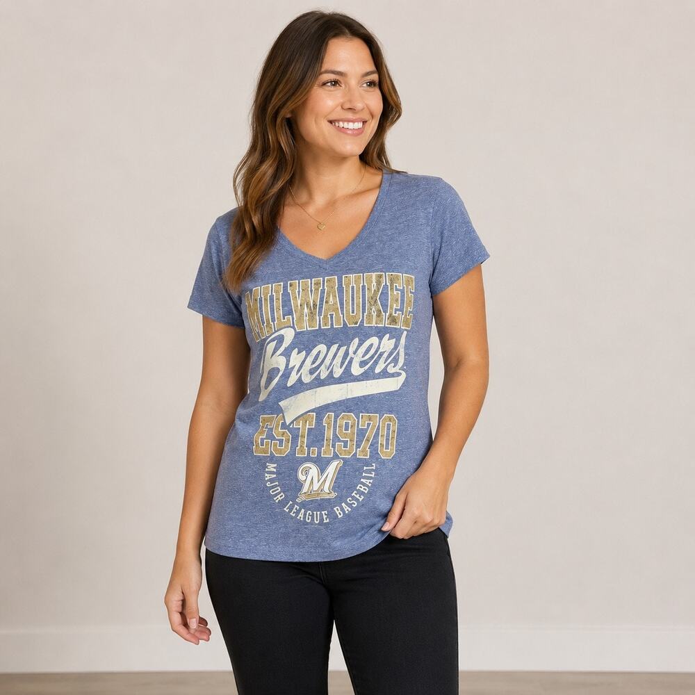 Milwaukee Brewers Womens T Shirt V Neck Blue Gold Est 1970 MLB Campus Lifestyle